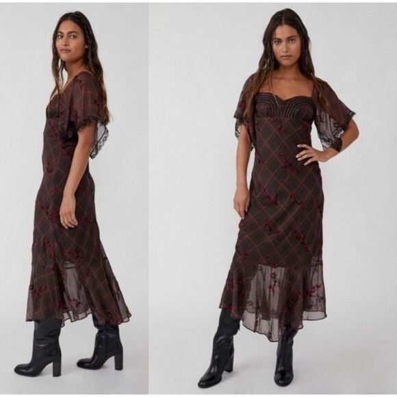 NWOT Free People Grunge WhimsyGoth Plaid Sheer Midi Dress Size 8 Fallen Flowers - Picture 4 of 15